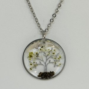 Collier résine Arbre de vie et fleurs naturelles terre – Argenté