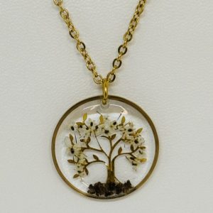 Collier résine Arbre de vie et fleurs naturelles terre - Doré