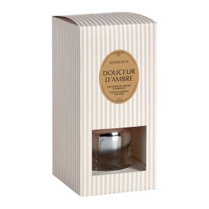 Diffuseur de parfum d’ambiance Valse Florale, flacon cuivré et fleurs en porcelaine blanche, senteur Douceur d’Ambre