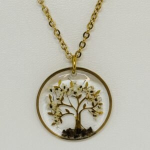 Collier résine Arbre de vie et fleurs naturelles terre - Doré
